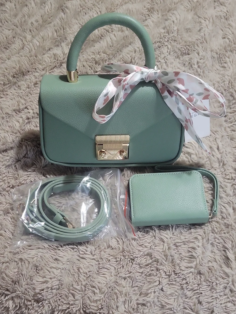 Mint Green Structured Top-Handle Satchel Bag with Scarf Accent